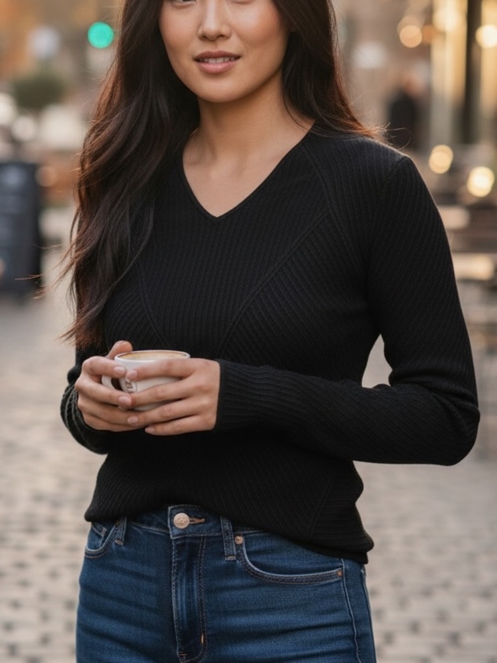 Cyrus Black Ribbed V-Neck Long Sleeve Top